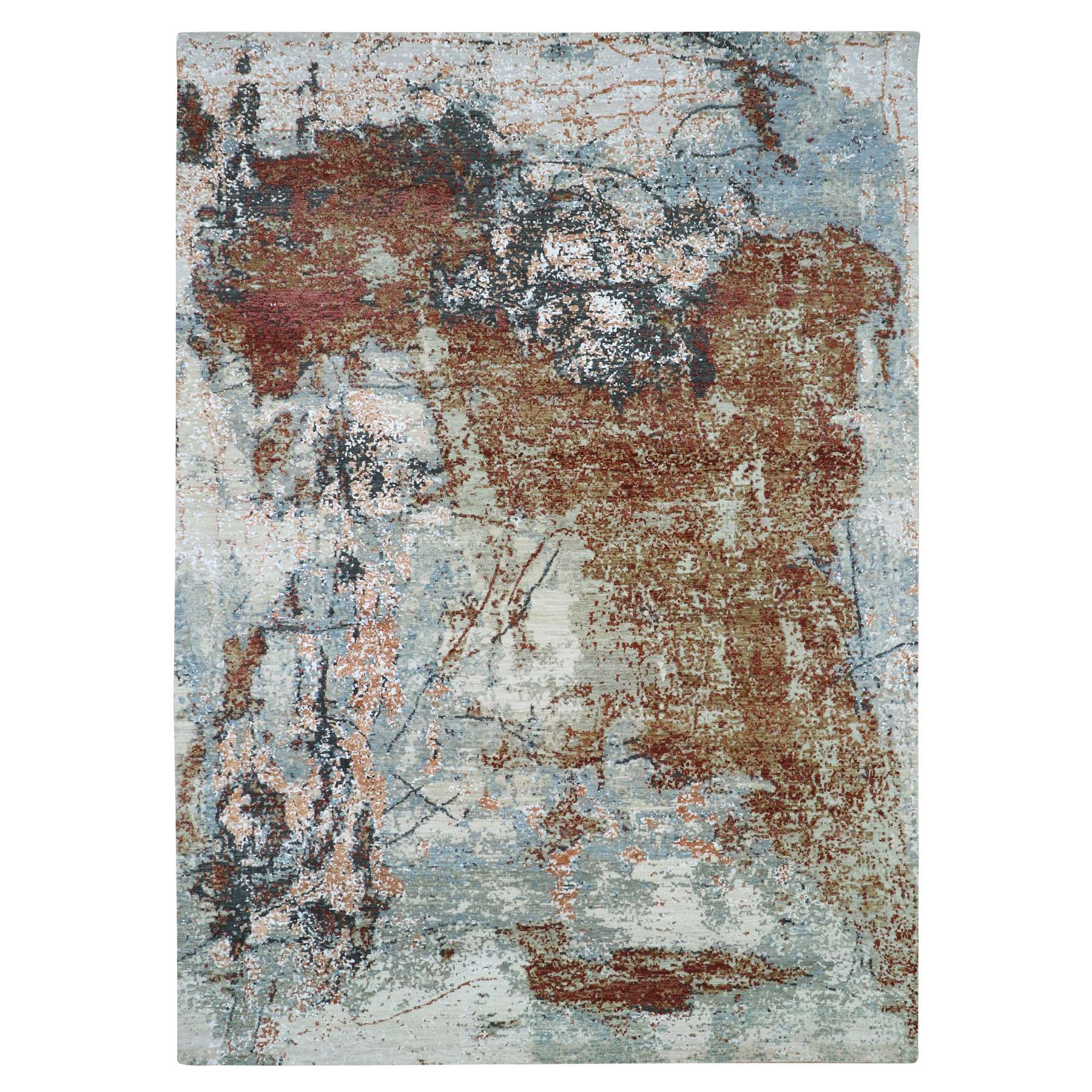 Misty Gray with Rust, Hand Knotted, Persian Knot, Abstract with Galaxy Design, 100% Wool, Densely Woven, Oriental Rug
